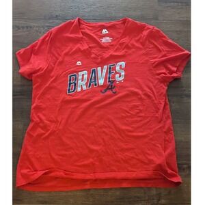 Atlanta Braves Womens Red V Neck T Shirt Top‎ Size 2xl
